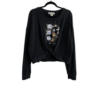 Cut & Paste Women XXL Black Boho Casual Twist Front Cropped Graphic Sweatshirt